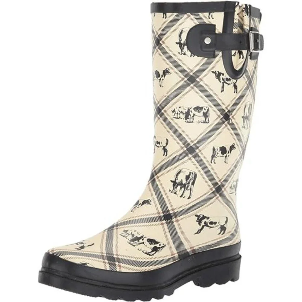 NEW Women's Unique Printed Tall 100% Waterproof Rain Boot Adjustable Strap - Picture 1 of 6